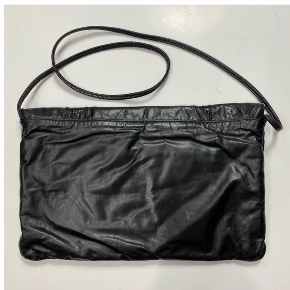 Vintage 70s Leather & Snakeskin Envelope Handbag Black Perforated Velvet Lined - Picture 9 of 14